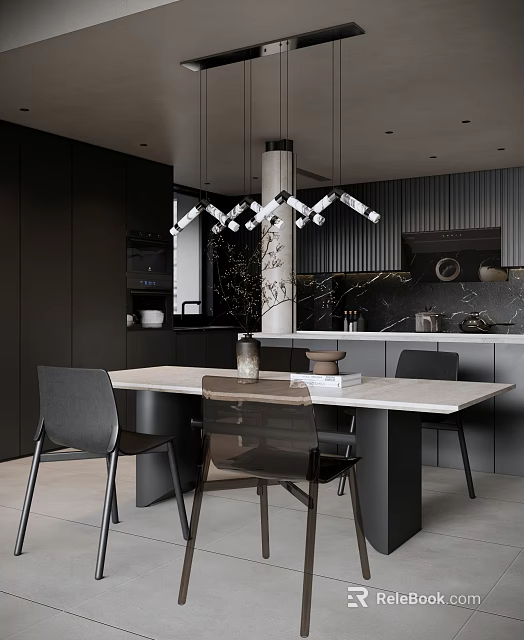 Modern Dining Table Set In Dark Kitchen With White Countertop Black Chairs And Pendant Lights 3d model 