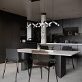 Modern Dining Table Set In Dark Kitchen With White Countertop Black Chairs And Pendant Lights