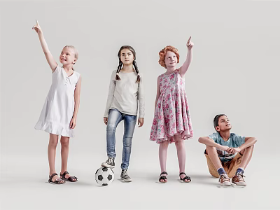 Happy Group of Children Raising Hands and Sitting With Soccer Ball 3d model