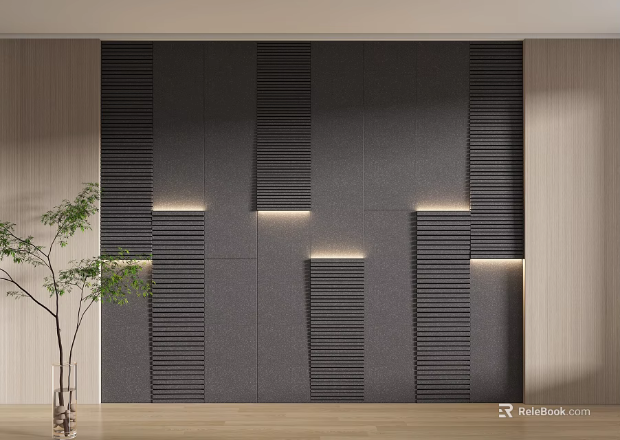 Modern Interior Background Wall Featuring Textured Design Wooden Accents And Built In Lighting 3d model 