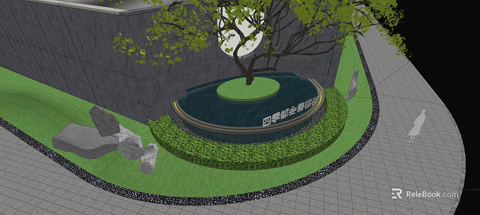 Garden Feature with Circular Water Feature Central Tree Green Lawn Trimmed Shrubs and Stone Accents 3d model 