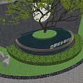 Garden Feature with Circular Water Feature Central Tree Green Lawn Trimmed Shrubs and Stone Accents