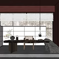 Japanese Teahouse Interior With Red Walls Bamboo Shadow Windows Long Table Tea Sets And Stone