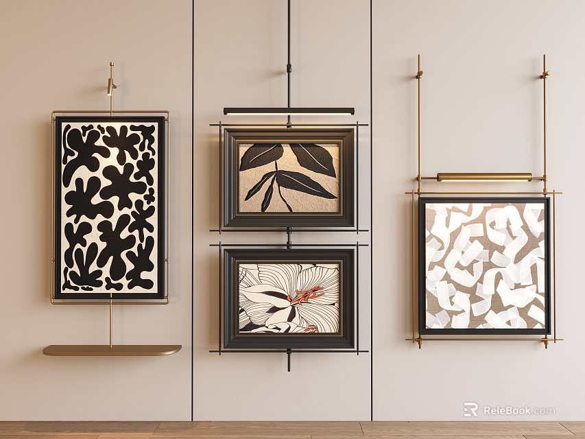 Decorative Wall Art With Floral Leaf And Abstract Patterns In Black Gold Frames 3d model 