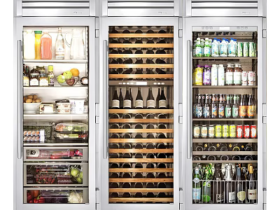 Stainless Steel Built In Refrigerator And Freezer With Wine Bottles Beverages Fruits Vegetables Storage 3d model