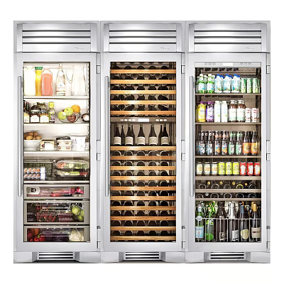 Stainless Steel Built In Refrigerator And Freezer With Wine Bottles Beverages Fruits Vegetables Storage 3d model