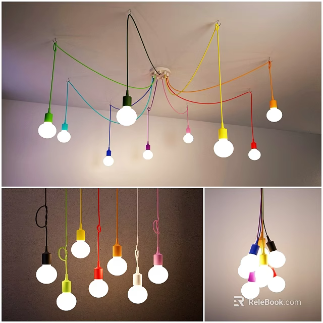 Colorful Pendant Lights with Multicolored Cords and Bright Bulbs in Modern Interior Design 3d model 