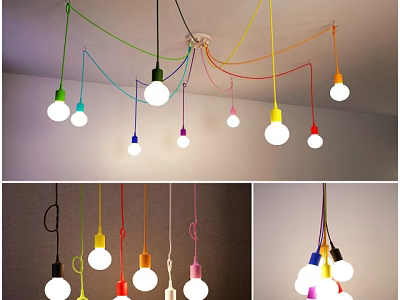 Colorful Pendant Lights with Multicolored Cords and Bright Bulbs in Modern Interior Design 3d model