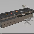 Modern Kitchen Island Design With Black Marble Countertop Fruits Wine Bottles Vase And White Chairs