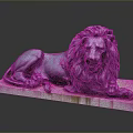 Reclining Black Metal Lion Statue With Detailed Mane And Moss On Stone Base