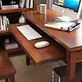 Wooden Desk Interior With Computer Chair Bookshelf Books Decorations And Window Light
