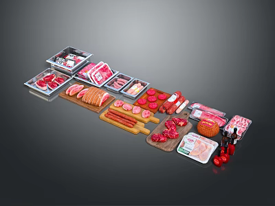 Assorted Meat Products Display With Sliced Meat Sausages Ham On Trays And Wooden Cutting Boards 3d model