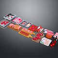 Assorted Meat Products Display With Sliced Meat Sausages Ham On Trays And Wooden Cutting Boards