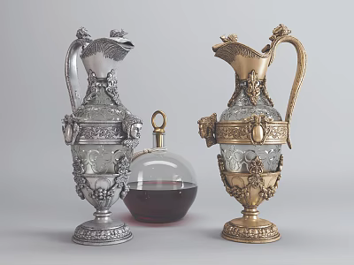 Ornate Silver And Gold Vases With Floral Patterns And Glass Decanter 3d model