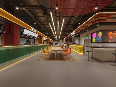 Modern Food Court Interior With Long Tables Colorful Seats Neon Signs And Bright Lighting 3d model