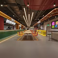 Modern Food Court Interior With Long Tables Colorful Seats Neon Signs And Bright Lighting