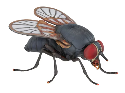 Close Up View Of Black Fly With Red Eyes And Transparent Veined Wings 3d model