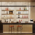Modern Bar Interior With Wooden Counter Colorful Wine Bottles And Stylish Stools