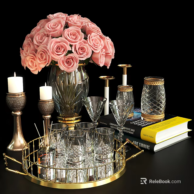 Elegant Ornamental Decor Set With Pink Rose Bouquet Vase Candles Glassware And Books 3d model 