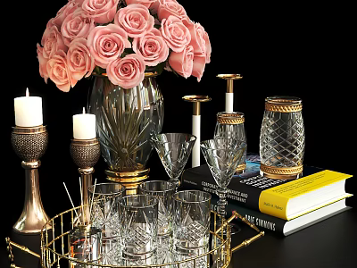 Elegant Ornamental Decor Set With Pink Rose Bouquet Vase Candles Glassware And Books 3d model