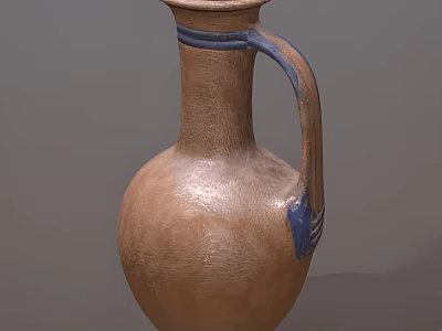 Classic Textured Brown Ceramic Vessel With Blue Decorative Accents And Handle 3d model