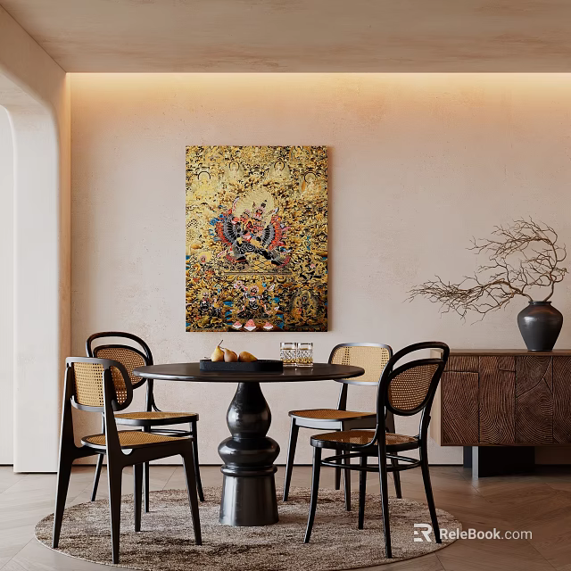 Cozy Round Dining Table Set With Rattan Back Chairs Fruit Decor Artwork And Sideboard Vase 3d model