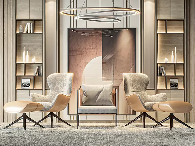 Modern Elegant Leisure Accent Chairs With Ottoman Bookshelves And Chandelier In Living Room 3d model