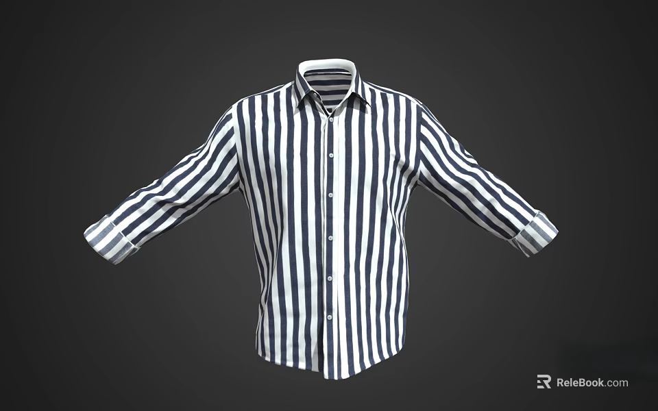 Classic Blue And White Striped Collared Long Sleeve Shirt With Front Button Design 3d model 