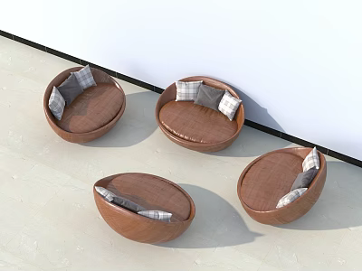 Round Single Seater Sofa With Wooden Frame And Plaid Cushions Against White Wall 3d model