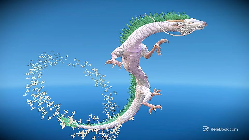 White Aquatic Dragon With Green Mane Curved Body Swimming In Blue Water And Small Fish 3d model 