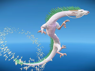 White Aquatic Dragon With Green Mane Curved Body Swimming In Blue Water And Small Fish 3d model