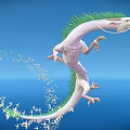 White Aquatic Dragon With Green Mane Curved Body Swimming In Blue Water And Small Fish