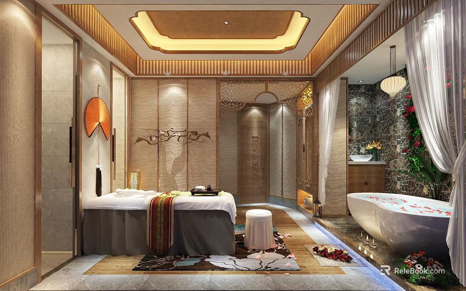 Luxurious SPA Sauna Relaxing Interior With Massage Bed Bathtub Wooden Decor And Soft Lighting 3d model 