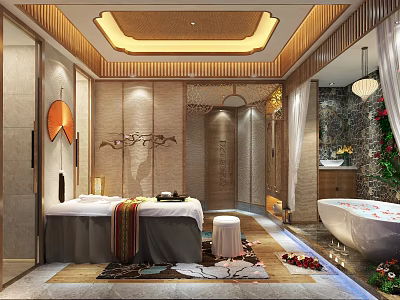 Luxurious SPA Sauna Relaxing Interior With Massage Bed Bathtub Wooden Decor And Soft Lighting 3d model