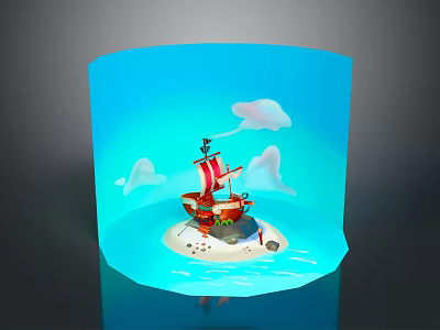 Colorful Pirate Ship Building On Small Island With Clouds And Blue Background 3d model