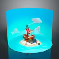 Colorful Pirate Ship Building On Small Island With Clouds And Blue Background