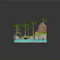 Cartoon Scene Featuring Thatched Hut Palm Trees Sand Beach And Small Boat On Water