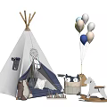 White Tepee Tent Setup with Balloons Stuffed Toys and Rocking Horse in Kids Play Area