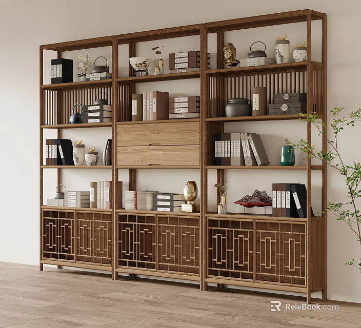 Traditional Chinese Wooden Display Shelf With Books Decorative Items Vases And Lattice Doors 3d model 