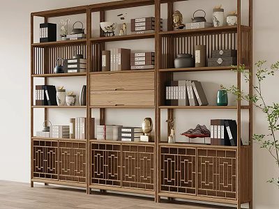 Traditional Chinese Wooden Display Shelf With Books Decorative Items Vases And Lattice Doors 3d model