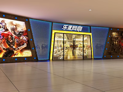 Modern Cyber Cafe Exterior With Large LED Gaming Posters And Glass Doors 3d model