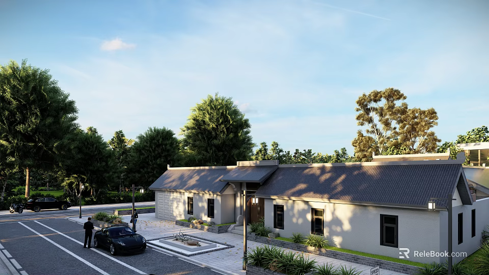 Traditional Ancient Building With Gray Roof White Walls And Green Trees Surroundings 3d model 