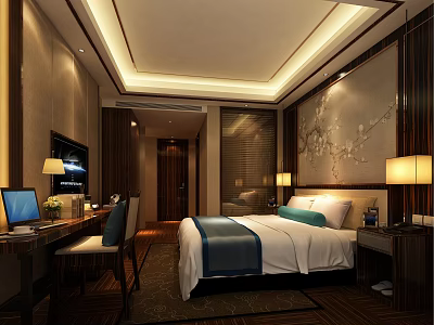 Cozy Hotel Room Interior With Comfortable Bed Wooden Furniture And Warm Lighting 3d model