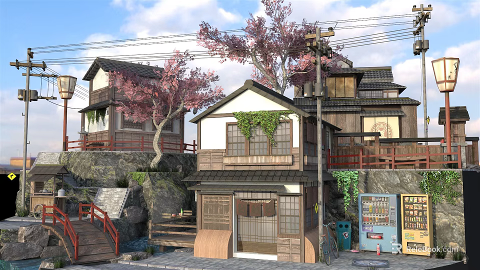 Cartoon Scene Featuring Traditional Japanese Wooden Houses Cherry Blossom Trees Red Bridge and Stone Steps 3d model 