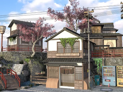 Cartoon Scene Featuring Traditional Japanese Wooden Houses Cherry Blossom Trees Red Bridge and Stone Steps 3d model