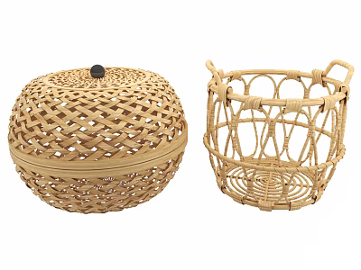 Natural Woven Storage Baskets With Round Lid And Handles For Home Organizing 3d model