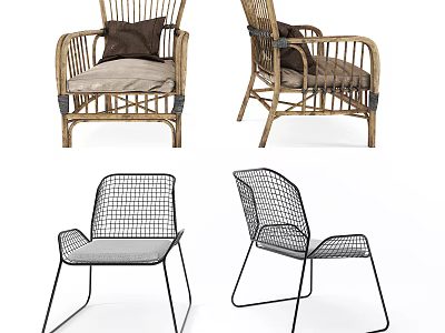 Stylish Leisure Chairs with Rattan Wooden Frame and Metal Mesh Design Cushioned Seats 3d model
