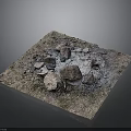 Outdoor Campfire Setup With Stones Ash Dirt And Dry Grass In Square Area