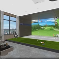 Clubhouse Interior With Indoor Golf Simulator Green Putting Mat And Golf Clubs