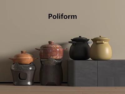 Stylish Poliform Kitchen Cookware With Colorful Ceramic Pots And Lids On Gray Cabinet 3d model